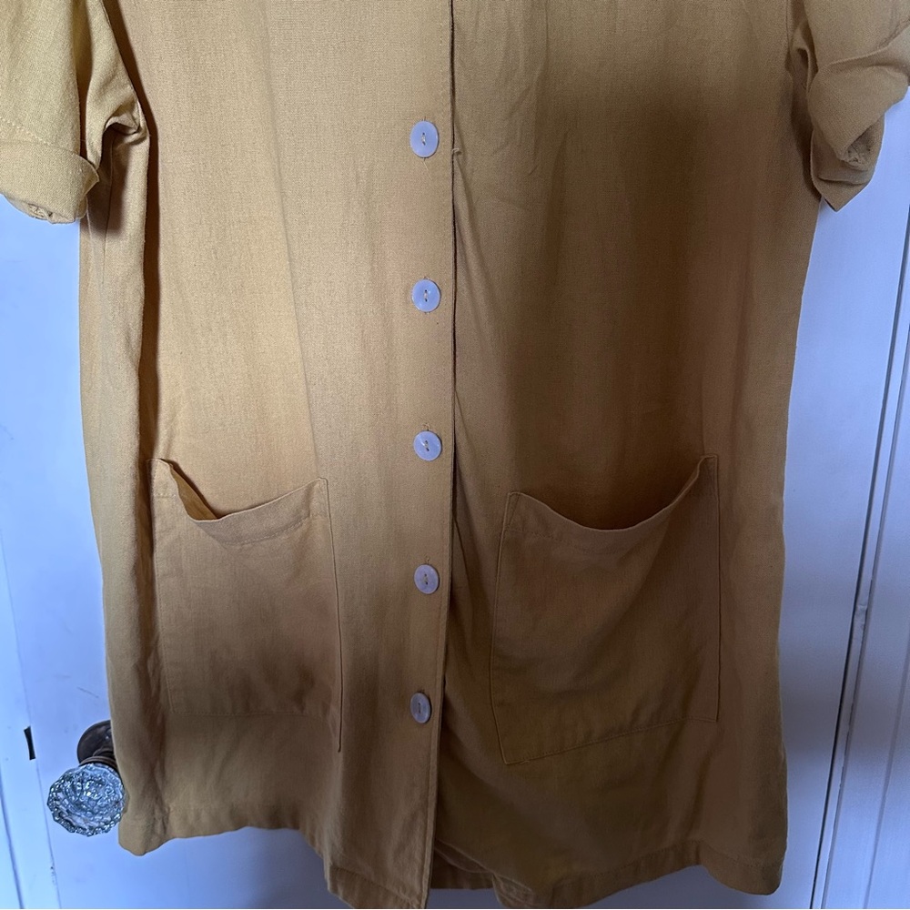 Yellow Linen Blend Short Sleeve Shirt With Pockets, Lagenlook, Beach Cover-up - Picture 8 of 11